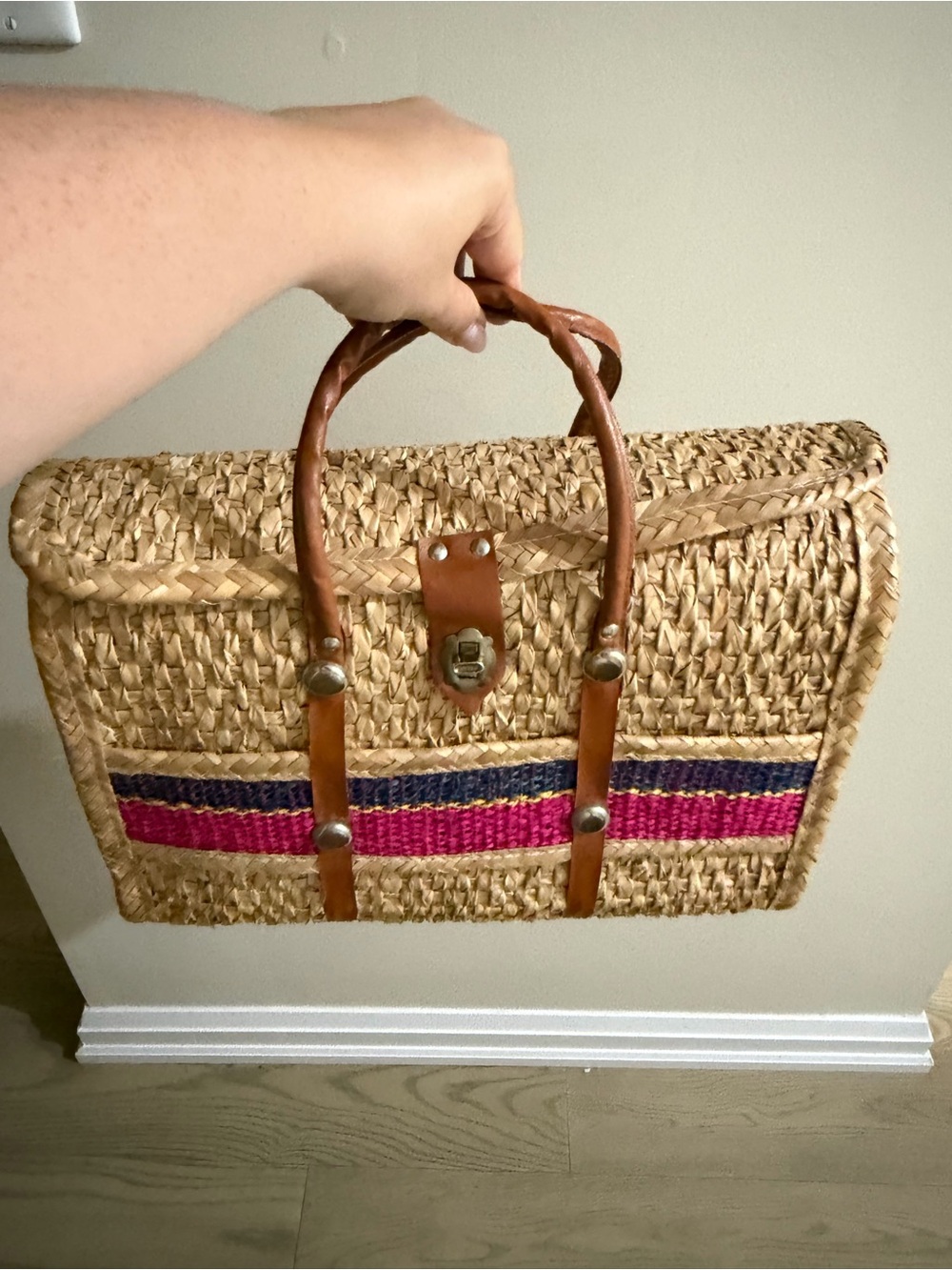 Woven Straw Satchel Bag with Pink & Purple Stripe - Picture 3 of 5